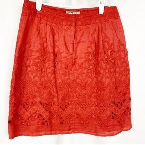 BARASCHI Burnt Orange Red Embroidered Linen Skirt